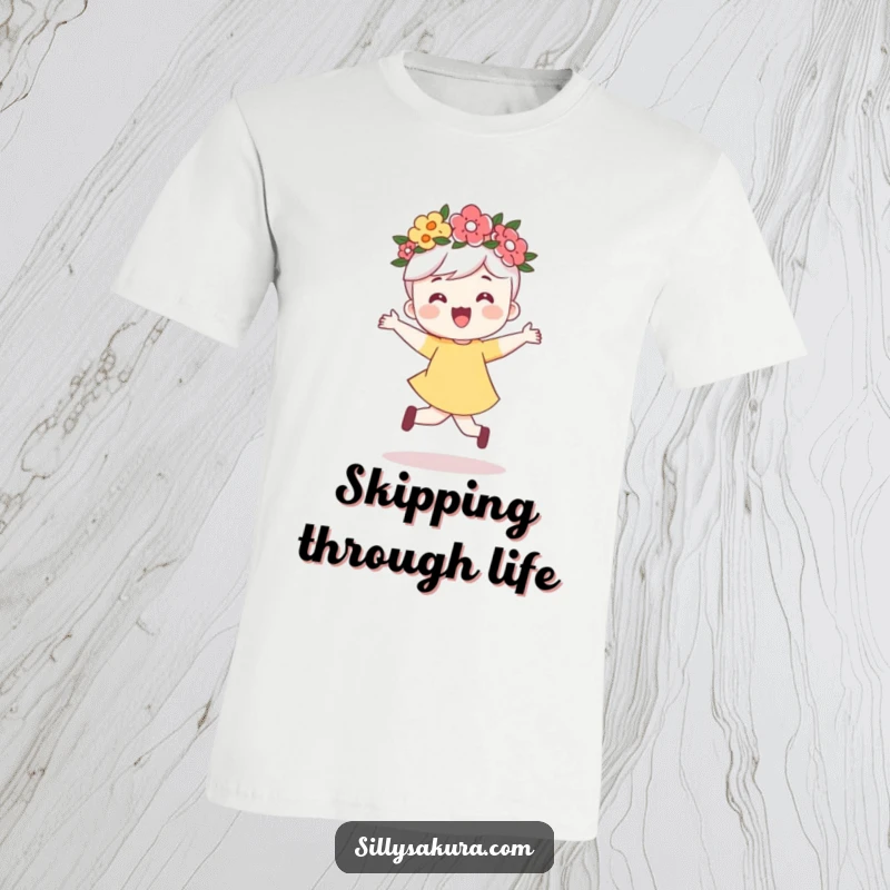 Funny T-shirt depicting a cute character wearing a flower crown, happily skipping with immense joy and vibrant energy.