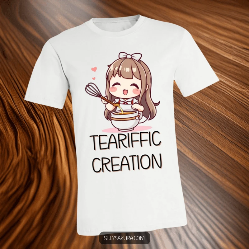 Funny Kawaii t-shirt with a cute character enthusiastically whisking tea, showcasing a passion for beverage preparation.