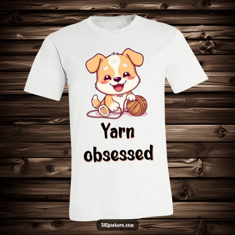 Funny T-Shirt featuring a cute dog character joyfully playing with a ball of yarn, full of energy and happiness.