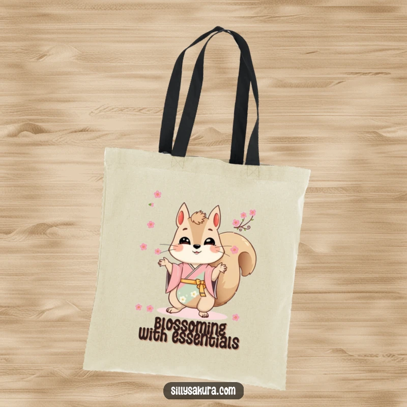 Funny tote bag showing a delightful squirrel in a kimono juggling delicate cherry blossoms, perfect for shopping.