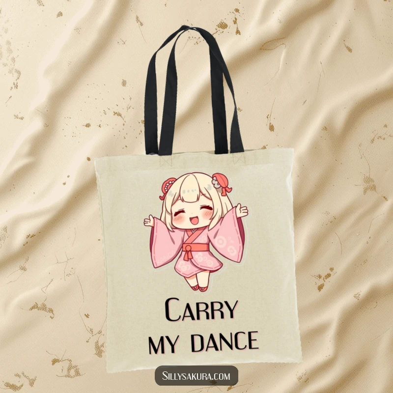 Funny Kimono Tote Bag with a character dancing, showcasing dramatic billowing sleeves, perfect for art lovers.