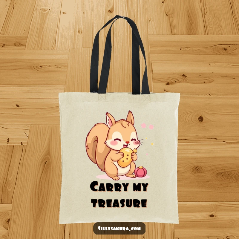 Funny Squirrel Tote Bag: A tiny squirrel character excitedly hoarding a festival treat, ready for errands and carrying goodies with glee.