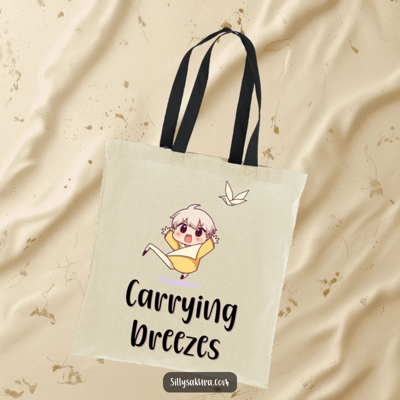 Funny Character Tote Bag: A surprised character leaps back from a happy wind gust, perfect for carrying items with amusing reaction.