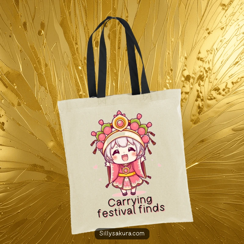 Funny Kawaii tote bag with an excited character dressed in elaborate festival attire, perfect for carrying items to celebrations.