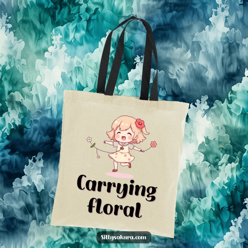 Funny skipping character tote bag, a cute illustration of a character joyfully skipping rope entwined with a string of colorful flowers.