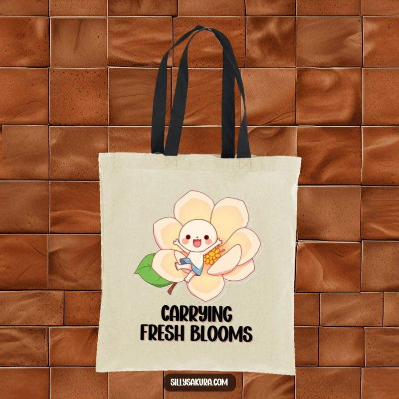 Funny cute kawaii character joyfully kicking a large, stylized blossom, illustrated on a practical tote bag for daily fun.