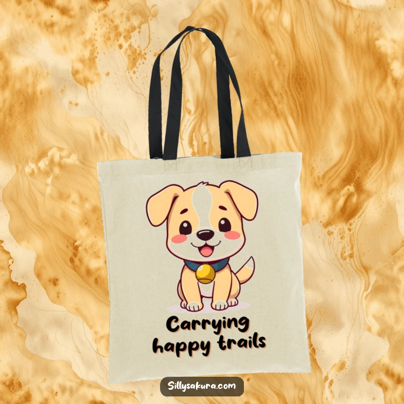 Funny tote bag depicting a cute dog wearing a small bell and wagging its tail with infectious, happy energy.