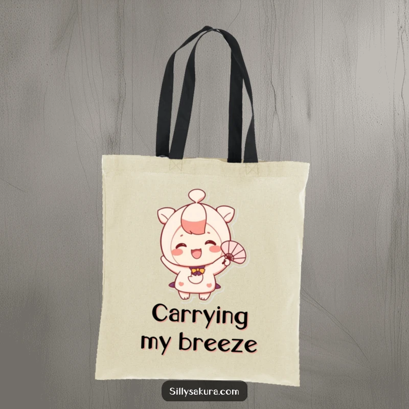 Funny tote bag featuring a cute, smiling character happily fanning themselves with a small fan.