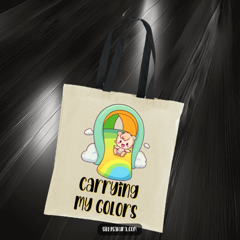 Funny rainbow slider tote bag, a cute illustration of a character joyfully descending a bright, multi-colored rainbow slide.