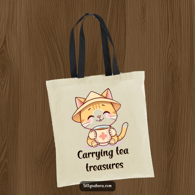 Funny Tote Bag featuring a smiling cat in a paper hat, offering a cup of tea, perfect for carrying groceries or books.