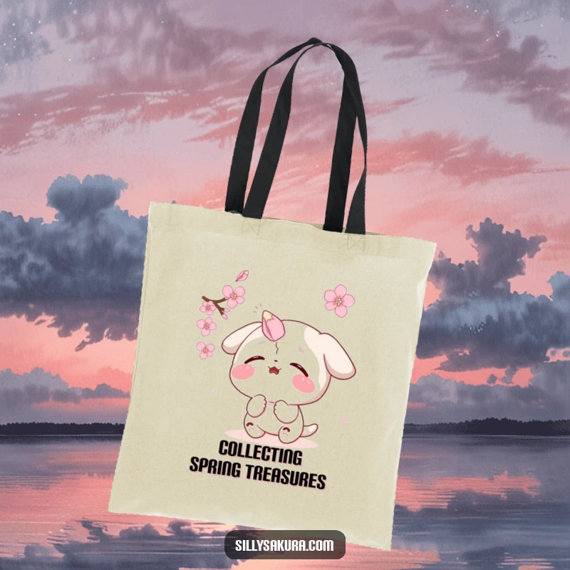 Funny tote bag: a delighted character comically tries to catch a sakura petal on its nose, showcasing a moment of playful concentration.