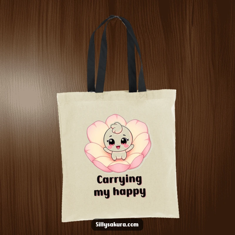 Funny tote bag showing a cheerful character with big eyes bouncing on a giant pink petal, perfect for carrying joy.