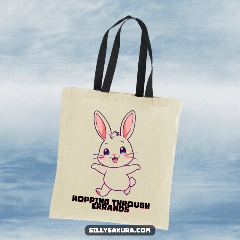 Funny Tote Bag featuring a cheerful rabbit with perked ears hopping with delight, adding a touch of joy to everyday tasks.
