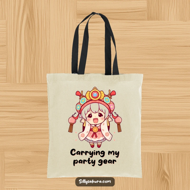 Funny Festival Kawaii Tote Bag with a cute character excitedly wearing elaborate festival attire, ready for a parade.