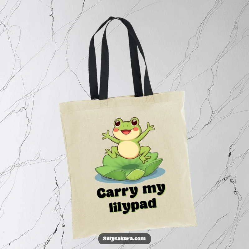 Funny Frog Tote Bag: A cute, joyful frog mid-jump onto a lotus pad, ready to carry your essentials with a smile.