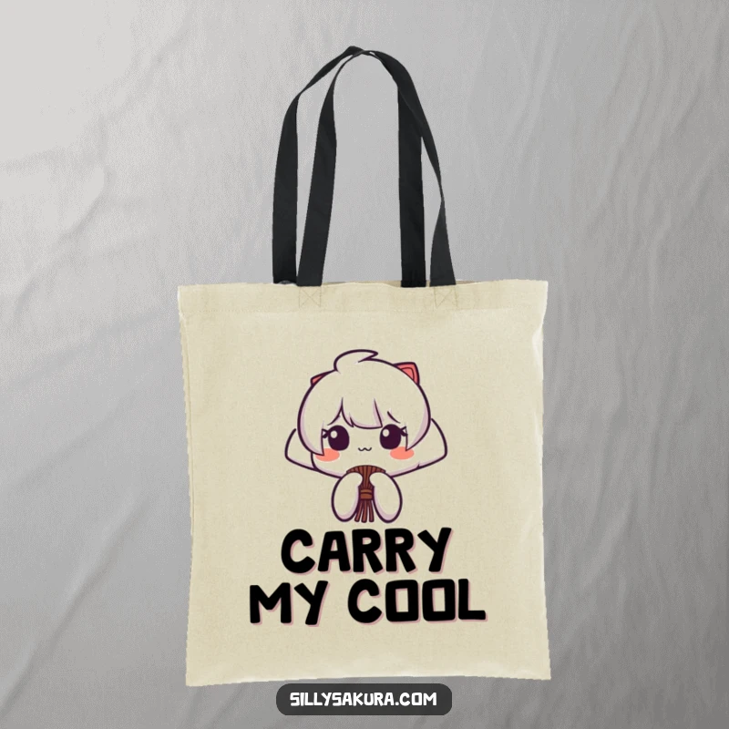 Funny tote bag displaying a stylized Japanese fan character opening and closing with a flourish, perfect for stylish carrying.