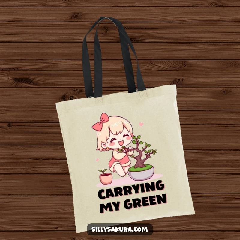 Funny Kawaii Tote Bag. A cute character joyfully tends to a miniature bonsai tree, perfect for carrying gardening tools or daily items.