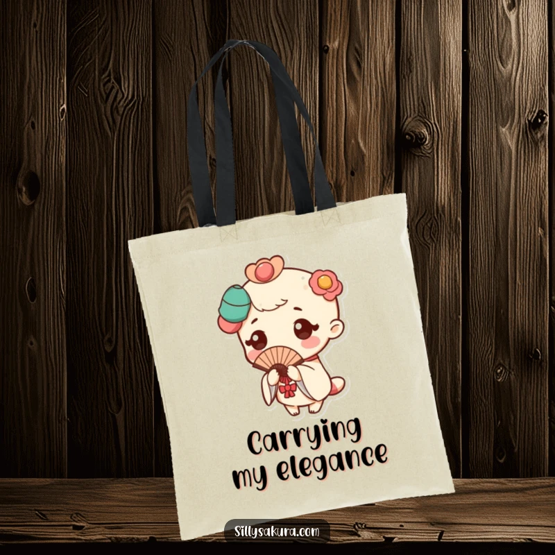 Funny tote bag showcasing a Kawaii character in a classic fan pose, radiating charm with a delicate flutter.