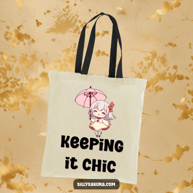 Funny tote bag showcasing a small character elegantly twirling with a parasol, a cheerful grin on its face.