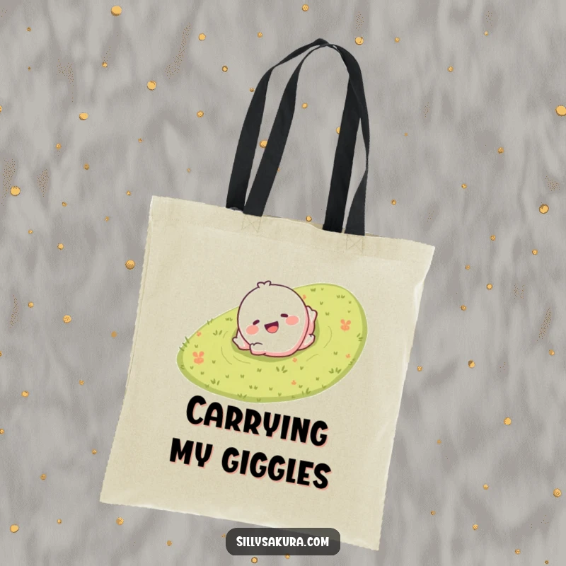 Funny tote bag with a giggling character smiling while rolling down a grassy hill, great for carrying fun.