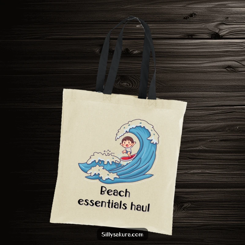 Funny tote bag showcasing a character in a joyful surfing pose on a stylized wave, perfect for beach outings.