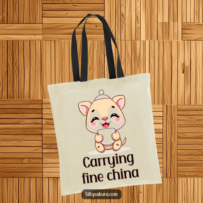 Funny smiling character precariously balancing a teacup on its nose, illustrated on a practical tote bag for careful carrying.