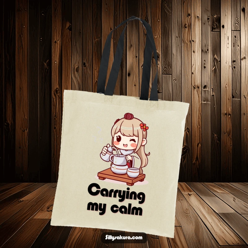 Funny tote bag showcasing a cheerful character performing a tea ceremony, pouring tea with a gentle and pleasant smile.