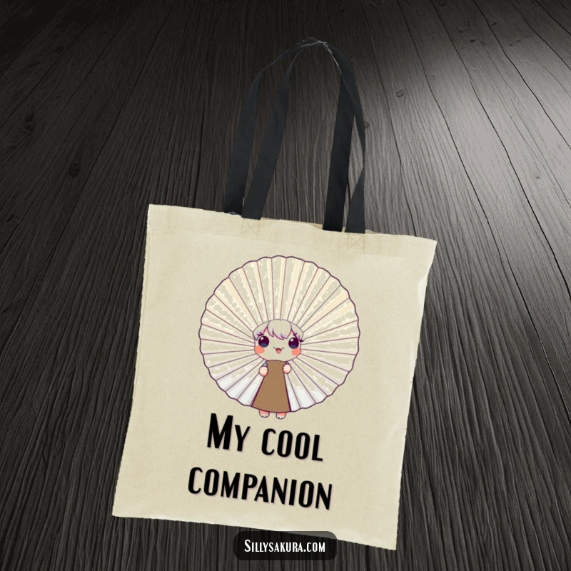 Funny Tote Bag featuring a cute character adorably peeking from behind a smiling fan, perfect for carrying items with a playful and humorous vibe.