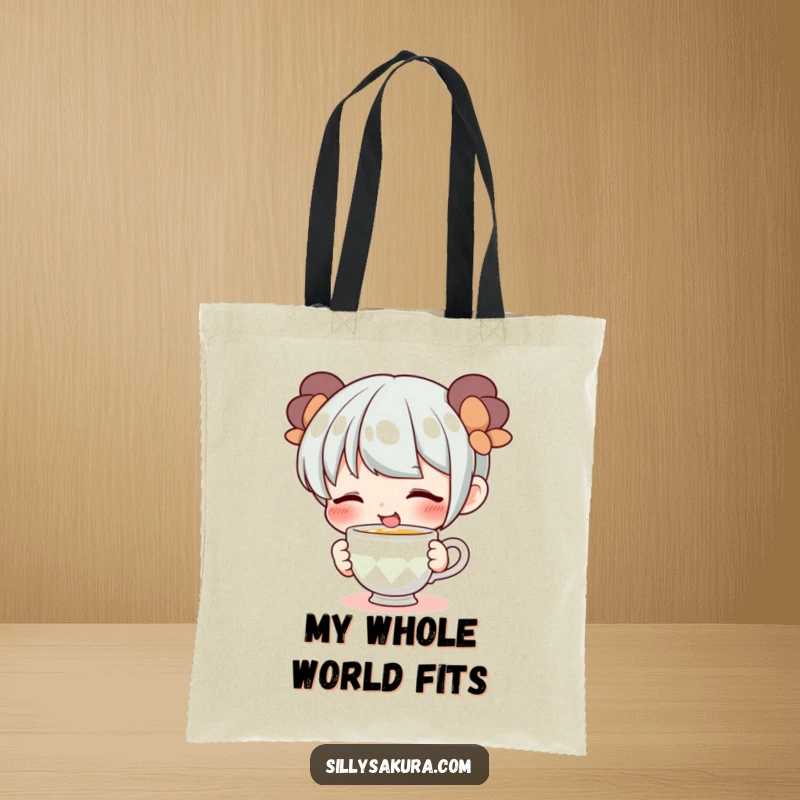 Funny tote bag with a cute character smiling while enjoying a tiny teacup, perfect for stylish and humorous everyday use.